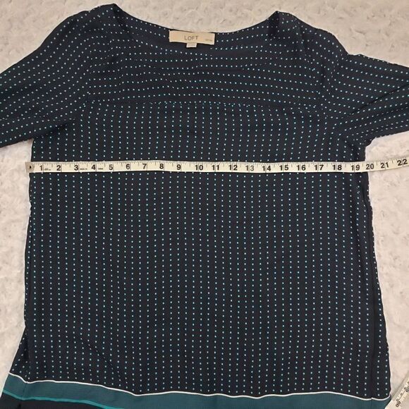 Loft petites size small sheer navy blouse with teal dots and sleeve buttons - Picture 2 of 6